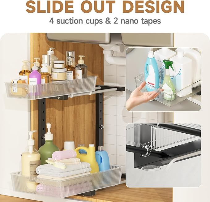2 Pack Under Sink Organizer, 2-Tier Pull Out Cabinet Organizer, Acrylic Under Sink Storage Shelf for Kitchen Bathroom Cabinet, L-Shaped Adjustable Height for Clutter Cleaner Organization Rack-Black-NeatNest