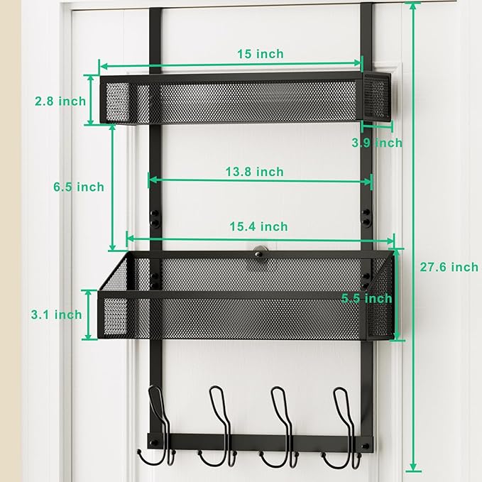 Over The Door Hooks Organizer, Over The Door Towel Rack Back of Door Storage Organizer with 12 Hooks & 2 Mesh Baskets Door Hanger Organizer for Bathroom,Kitchen,Bedroom(Black)