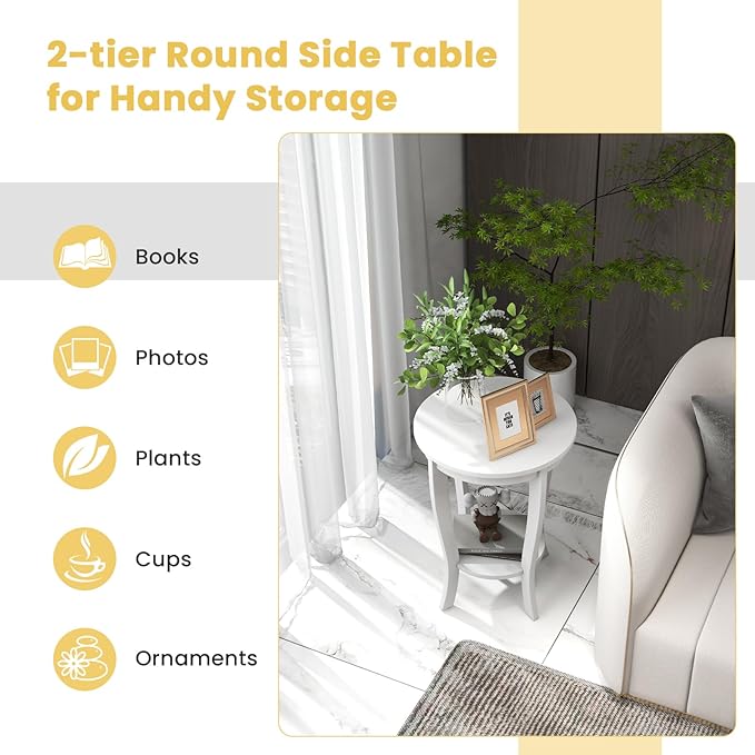 GOFLAME 2-Tier Round End Table, 18” Sofa Side Table with Storage Shelf, Floor Tea Table with Solid Wood Legs, Compact Nightstand for Small Space, Living Room, Bedroom, White