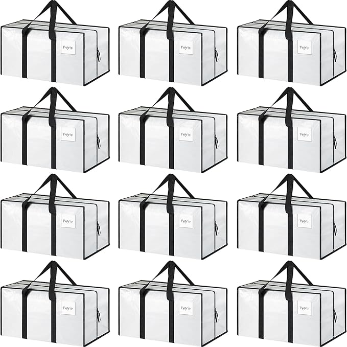 12 Pack Extra Heavy Duty Large Moving Bags with Strong Zipper & Comfortable Handles, Sturdy & Durable Clothes Storage Bags Totes Bins, Packing Moving Boxes for College Supplies, White-NeatNest