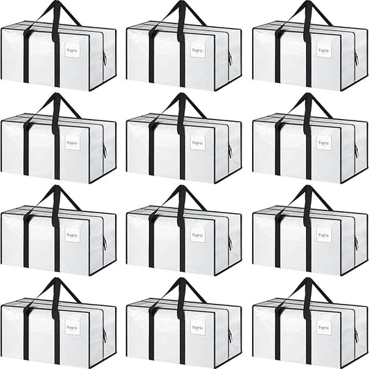 12 Pack Extra Heavy Duty Large Moving Bags with Strong Zipper & Comfortable Handles, Sturdy & Durable Clothes Storage Bags Totes Bins, Packing Moving Boxes for College Supplies, White-NeatNest