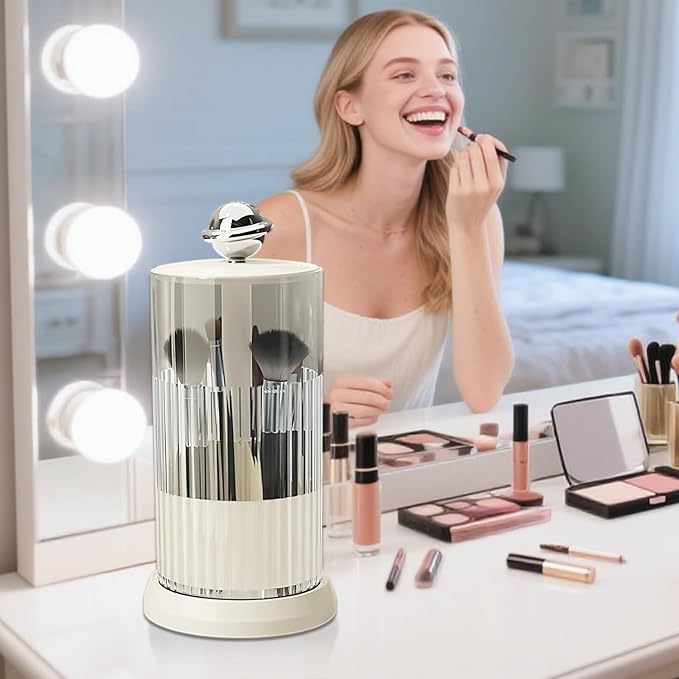 Makeup Brush Holder with Lid,One Touch Open 4 Slot Makeup Brush Case with Waterproof Dustproof, 360 Rotating Makeup Organizer for Vanity Desktop Counterto Bathroom (White)-NeatNest