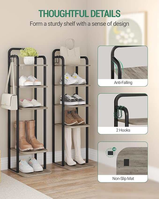 6 Tiers Vertical Shoe Rack, Narrow Shoe Tower, Tall Shoes Shelf with 2 Hooks, Adjustable Shelves, Corner Shoes Shelves for Small Spaces, Entryway, Living Room, Greige, SR04205B-NeatNest