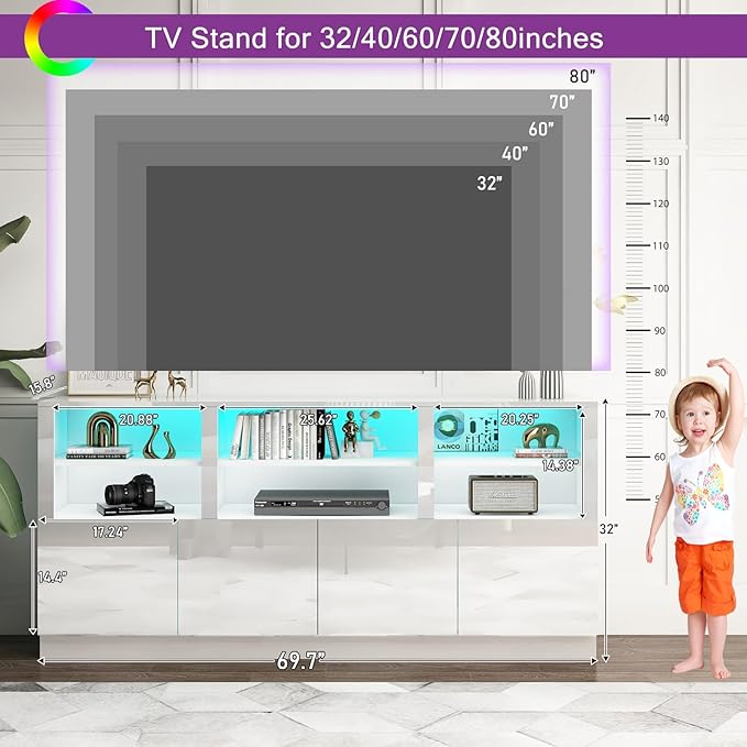 32'' Tall White TV Stand for 65/75/80/85 Inch TVs with RGB LED Lights,Modern High Gloss Entertainment Center Cabinet Stands with Storage Shelves and Doors,TV Media Console Table for Living Room-NeatNest