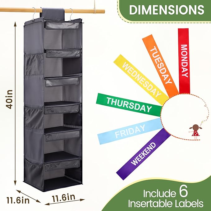 2 Pack 6-Shelf Weekly Clothes Organizer for Kids, Hanging Daily Closet Organization with 6 Side Pockets, Days of The Week Clothing Divider Storage for Boys and Girls (Grey)-NeatNest