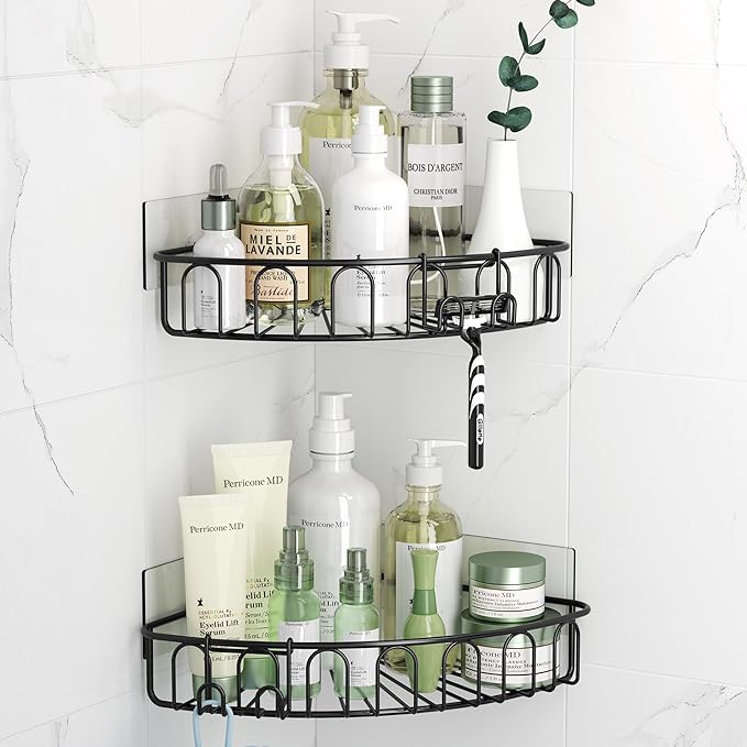 Orimade Corner Shower Caddy with 2 Hooks Wall Mounted Metal Bathroom Shelf Storage Organizer Adhesive No Drilling 2 Pack, Black Only for 90-Degree Corner