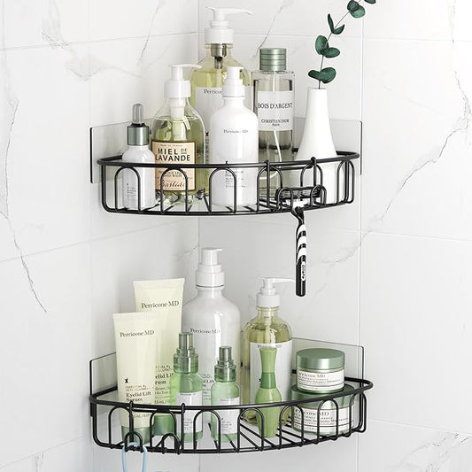 Orimade Corner Shower Caddy with 2 Hooks Wall Mounted Metal Bathroom Shelf Storage Organizer Adhesive No Drilling 2 Pack, Black Only for 90-Degree Corner