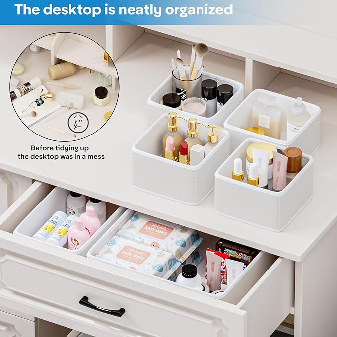 Vegan Leather Drawer Organizers,12 Pack Makeup Storage boxes,Vanity Drawer Luxury upgrade,Bedroom fabric Drawers replacement,bathroom organization and storage Optimal solution