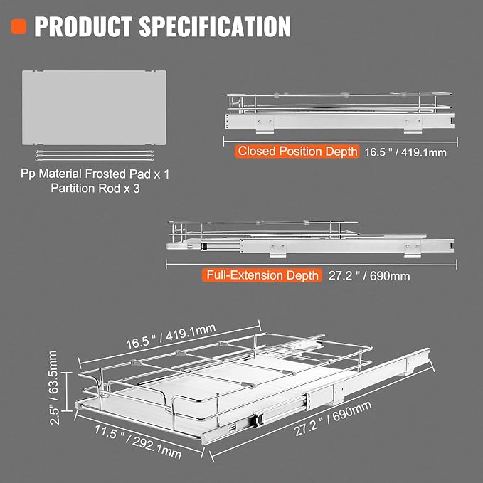 VEVOR 12.5"Wx16.5"Dx3.5"H Pull Out Cabinet Organizer, Heavy Duty Slide Out Pantry Shelves, Chrome-Plated Steel Roll Out Drawers Storage, for Home, Under Sink, 14"Wx17.5"Dx7"H Install Size for Cabinet-NeatNest