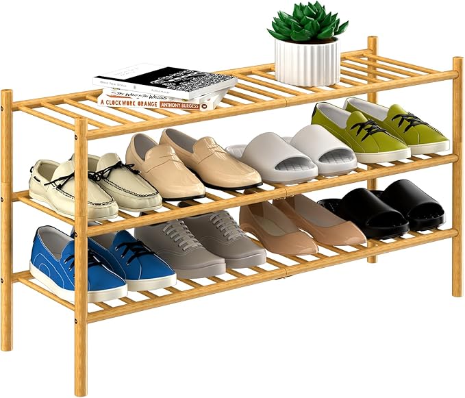 3-Tier Bamboo Long Shoe Rack, Free Standing Wood Shoe Shelf Storage Organizer for Closet Entryway Stackable 35"x11"x20" (Natural)-NeatNest