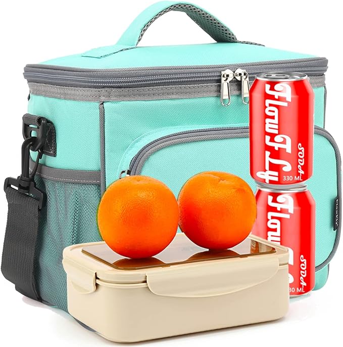 FlowFly Insulated Reusable Lunch Bag Adult Large Lunch Box for Women and Men with Adjustable Shoulder Strap,Front Zipper Pocket and Dual Large Mesh Side Pockets,Jade-NeatNest