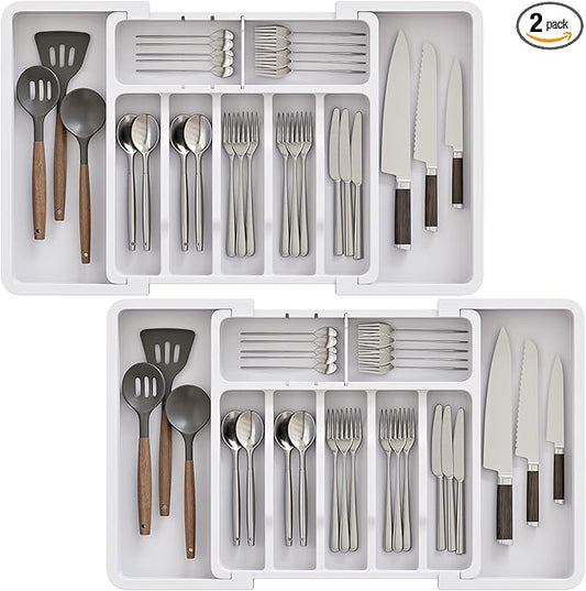 2 Pack Silverware Organizer, Expandable and Adjustable Kitchen Utensil Drawer Organizer, Plastic Cutlery Holder with Multiple Compartments,Cutlery Holder,for Spoons Forks Knives,White,UAFD012W-NeatNest