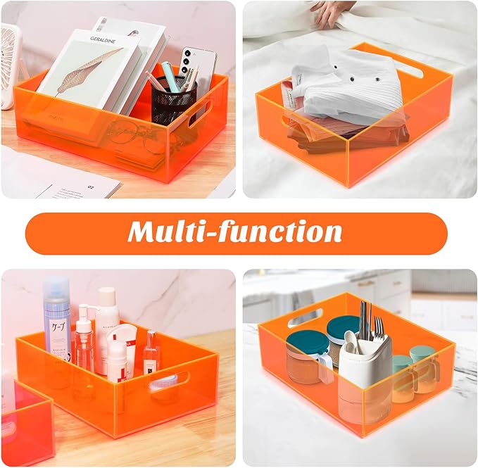 Acrylic Storage Bin Pantry Storage Container with Handles Kitchen Organizer Bin for Cabinet Cupboard Organization, Heavy Duty, 12.6 x 9.4 x 4'', Neon Orange