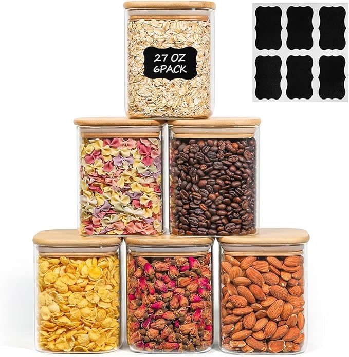 ComSaf 0.8 Qt Glass Food Storage Jars Set of 6, Clear Storage Containers with Airtight Lids, Pantry Organization Jar, Spice Jar, Blooming Tea, Oat, Coffee and Sugar Container, Canister Set for Kitchen-NeatNest