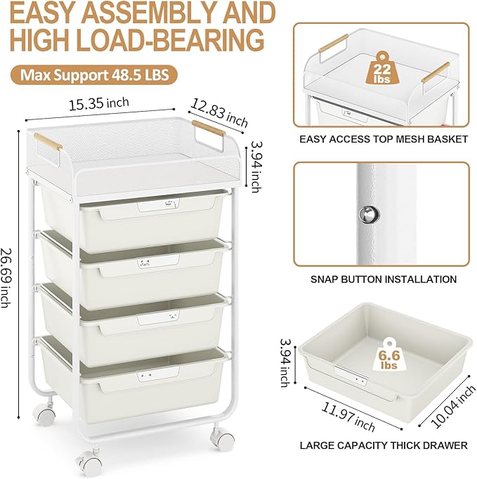 Rolling Utility Storage Cart with 4 Drawers - 4 Tiers Rolling Cart Craft Cart, Storage Drawer Cart Organizer for Craft Room Office Bedroom Classroom with Mesh Top & 4 PCS DIY Lable, White