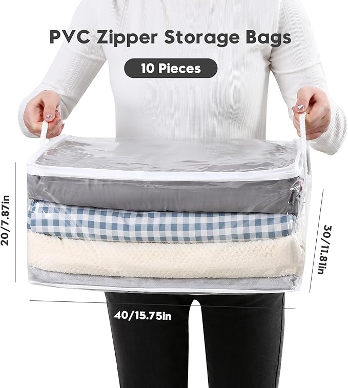 10 PCS Clear Zippered Storage Bags with Handle,Sweater Storage with Zipper,Foldable Closet Organizer Bed Sheet Organizer,Cube Plastic Organizer,Bag,Bin for Clothes,Towel-15.7 * 11.8 * 7.9-NeatNest