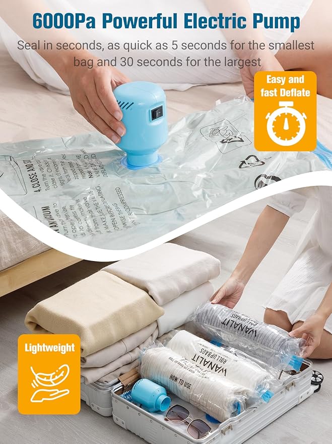 Vacuum Storage Bags with Electric Air Pump, New Air Valve Combo 15 Pack Compression Bag, Space Saving Vacuum Sealer Bags for Clothes, Blanket, Duvets, Pillows, Comforters, Travel, Two Compressing Ways-NeatNest