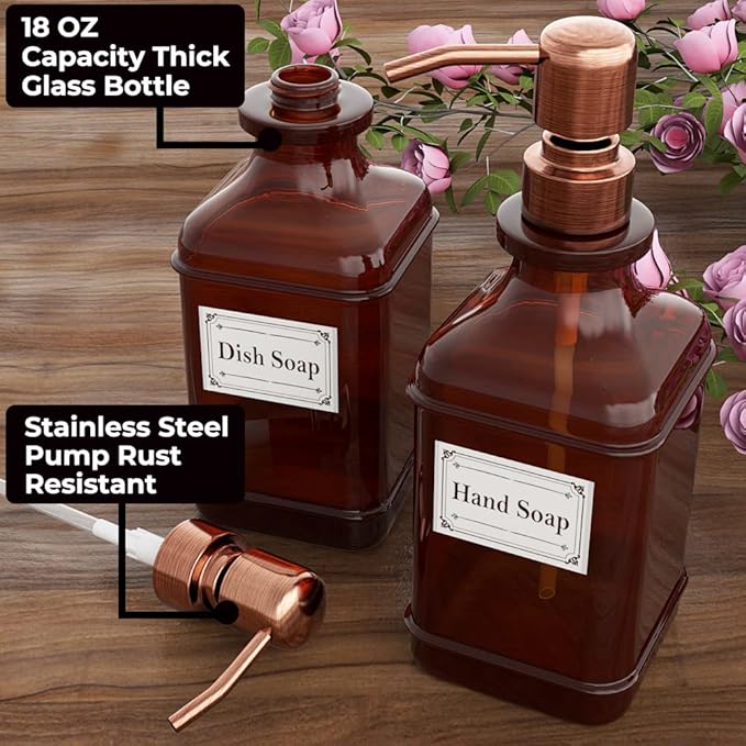 GLADPURE Soap Dispenser 2 Pack, Hand Soap Dispensers with 18 Oz Antique Design Thick Amber Glass Bottle, 316 Rust Proof Stainless Steel Pump, 6Pcs Stickers, for Lotion, Soap - Brushed Copper-NeatNest