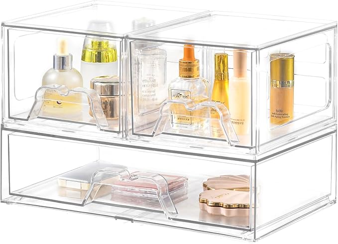 3 Pack Stackable Storage Drawers Clear Acrylic Organizer Makeup Bathroom Organizer and Storage for Beauty Supplies,Ideal for Vanity, Cabinet,Bathroom,Pantry Organization-NeatNest