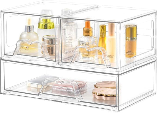 3 Pack Stackable Storage Drawers Clear Acrylic Organizer Makeup Bathroom Organizer and Storage for Beauty Supplies,Ideal for Vanity, Cabinet,Bathroom,Pantry Organization-NeatNest
