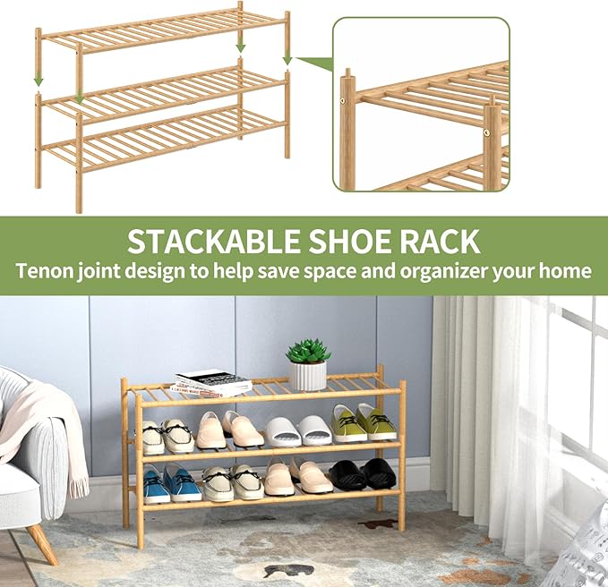 3-Tier Bamboo Long Shoe Rack, Free Standing Wood Shoe Shelf Storage Organizer for Closet Entryway Stackable 35"x11"x20" (Natural)-NeatNest