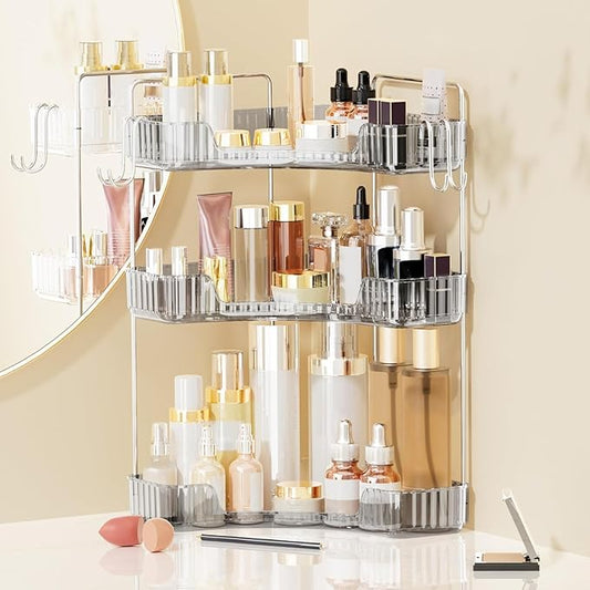 Makeup Organizer for Vanity 3-Tier Corner Bathroom Organizer Countertop with Hooks Bathroom Countertop Perfume Organizer Corner Bathroom Counter Corner Storage-Gray-NeatNest