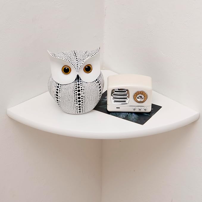 Corner Shelf, White Solid Oak Wood Floating Corner Shelves Wall Mount Round End Floating Speaker Rack Display Shelf for Small Plant Photo Frame (White, 7in)-NeatNest