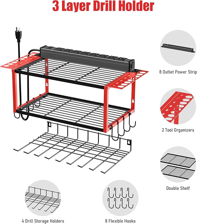 JUNNUJ Tool Organizer with Charging Station, 3 Layers Wall Mount Garage Tools Storage with 8 Outlets Power Strip, 4 Drills Holder Battery Heavy Duty Metal Shelf, Utility Rack with Hooks, Red