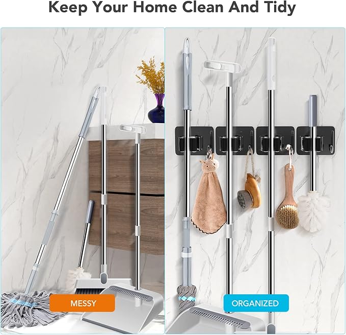 Mop Broom Holder No Drill, Mop Broom Organizer Wall Mounted Heavy Duty with Hooks Hanger, Self Adhesive Stainless Steel 4Pcs for Bathroom, Kitchen, Office (Multicolor)-NeatNest