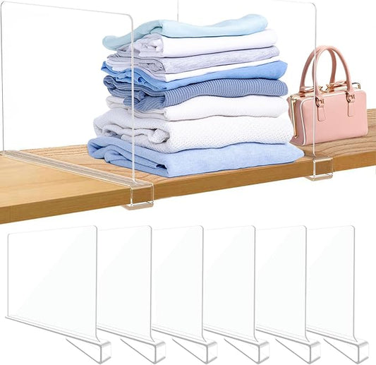 Acrylic Closet Shelf Dividers, Heavy Duty Organizer for Clothes, Handbags, Sweaters & Towels - Transparent Storage Solution for Kitchen Cabinets, Wardrobes & Home Shelving (6Pack)-NeatNest