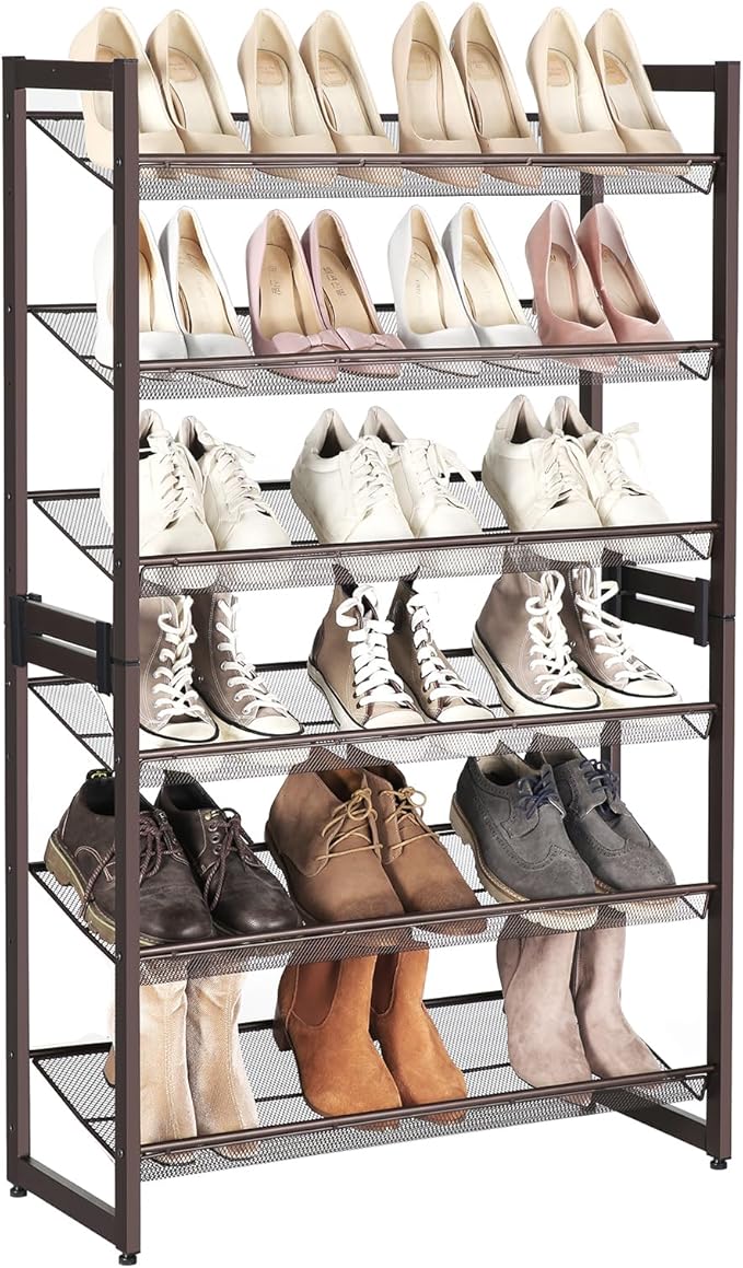 SONGMICS Shoe Rack, 6-Tier Shoe Organizer, Metal Rack for Garage, Set of 2, 3-Tier Stackable Shelf, with Adjustable Flat or Angled Shelves, 18-24 Pairs, Bronze ULMR03A-2-NeatNest