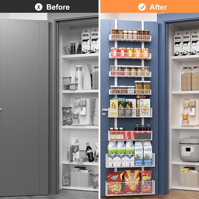 8-Tier Over The Door Pantry Organizer,Hanging Spice Rack with Adjustable Basket,Over Door Racks,Pantry Organization And Storage, Laundry Room,Bathroom,Large Capacity,D5.3xW15.7xH74.8 in