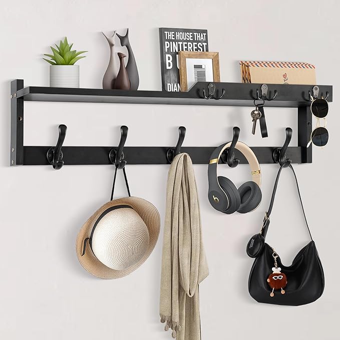 29'' Coat Rack Wall Mount with Shelf, Coat Hanger Wall Mount with Key Hooks and Mail Holder, Wood Entryway Floating Shelf with Hooks and Storage, Hat Rack for Wall Key Holder Mail Organizer
