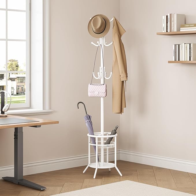 ELYKEN Coat Rack Freestanding, Metal Coat Rack Stand with Umbrella Holder, Modern Coat Tree with 12 Hooks, Floor Standing Corner Hall Tree for Entryway Living Room Bedroom Office, White-NeatNest