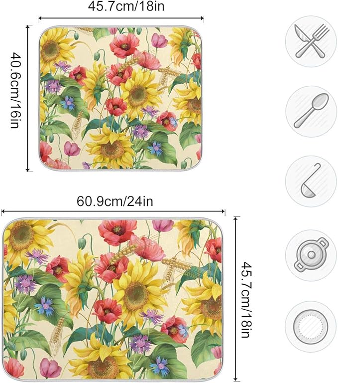 Fall Dish Drying Mat Microfiber Dish Drying Pads Kitchen Counter Draining Pad Sunflower Cornflower Poppy 16 x 18 Inches