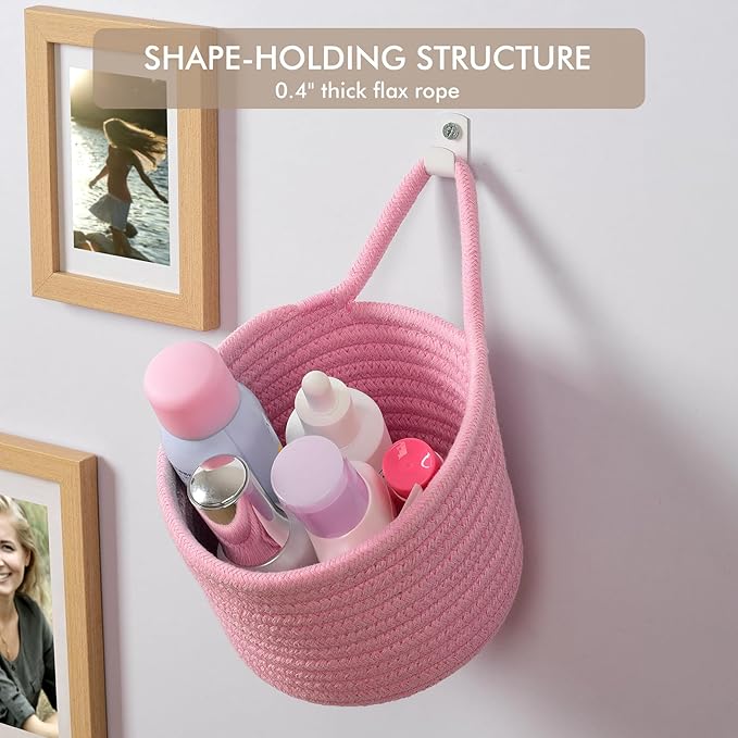 Fabric Wall Hanging Baskets - 3Pack Woven Pouchs Boho Style Wall Mounted Bag with Adhesive Hooks, Storage Organizers and Decoration Pocket Caddy Bins on Door Rack (Bright Pink & White, Large)