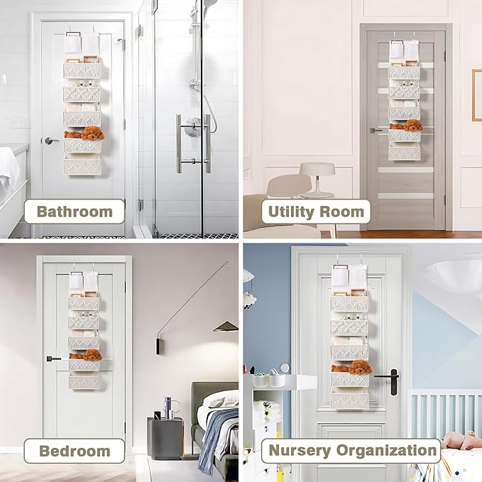ANTIS'S HOME Over the Door Organizer Macrame Boho Nursery Storage with 5 Large Woven Pockets, Hanging Closet Basket for Bathroom or Nursery, Behind the Door Storage Organizer-NeatNest
