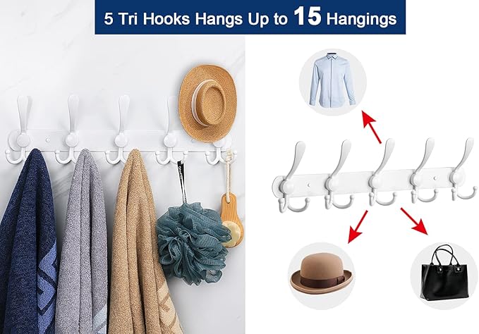 NearMoon Coat Rack Wall Mounted-2 Pack, Heavy Duty Bath Towel Hooks Stainless Steel Robe Hooks Holder, Metal Coat Hook for Towel Coat Hat Key Bathroom Bedroom Hotel Entryway (5 Hooks, White)