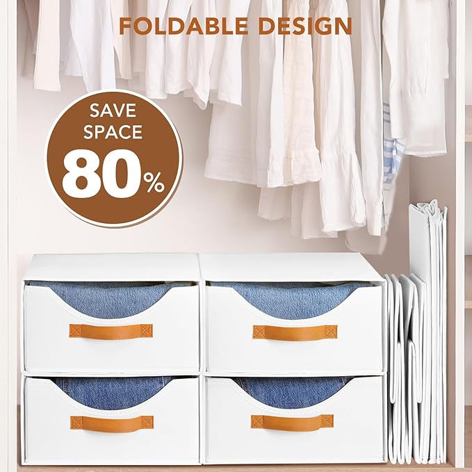 4 Pcs Closet Drawers and Large Size Clothes Storage Bins Push-Out Storage Stackable Shelf Drawers with See-Through Window Closet Organizers for Bedroom, Living Room, Under Bed, White-NeatNest