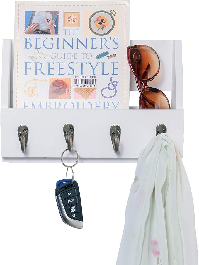 Flintar Wall Mounted Key and Mail Holder with 4 Hooks. Made of Solid Wood. Use as Key Rack, Entryway or Mudroom Organizer, Mail Sorter, Magazine Holder, Bill Sorter, Rustic Home Décor (White)