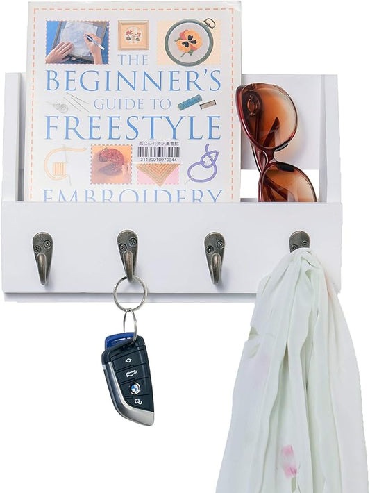 Flintar Wall Mounted Key and Mail Holder with 4 Hooks. Made of Solid Wood. Use as Key Rack, Entryway or Mudroom Organizer, Mail Sorter, Magazine Holder, Bill Sorter, Rustic Home Décor (White)