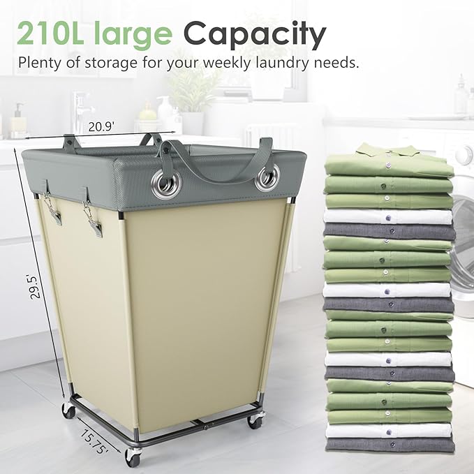 Laundry Hamper with Wheels 210L Large Capacity Hamper Rolling Laundry Basket Extra Large Laundry Cart for Easy Transport Storage Basket Ideal for Dorm Laundry Room Bathroom Beige