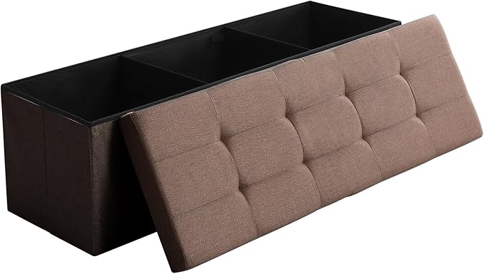 CUYOCA 45.3 Inches Storage Ottoman Bench Foldable Seat Footrest Shoe Bench End of Bed Storage with Flipping Lid, 166L Storage Space, Linen Fabric Brown-NeatNest