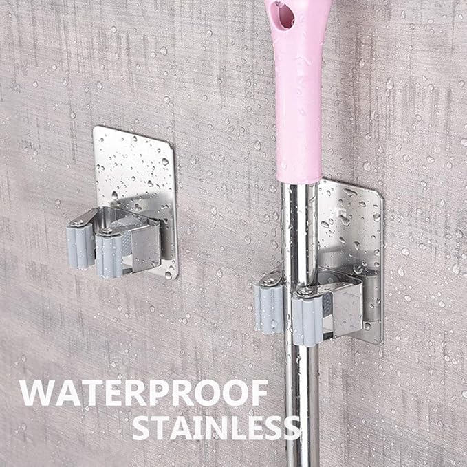 HANZE 2 Pack Stainless Steel Mop Broom Holder Organizer, Self Adhesive Wall Mounted Mop Organizer Storage Rack Clip for Kitchen Bathroom and Garage (Rectangle, Large)-NeatNest
