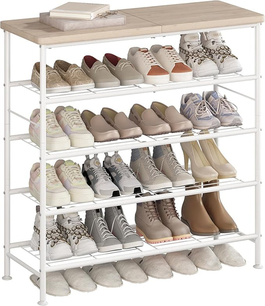 Shoe Rack Organizer 5 Tier for Closet Entryway Free Standing Metal Storage Shoe Shelf with MDF Top Board，White+Oak-NeatNest