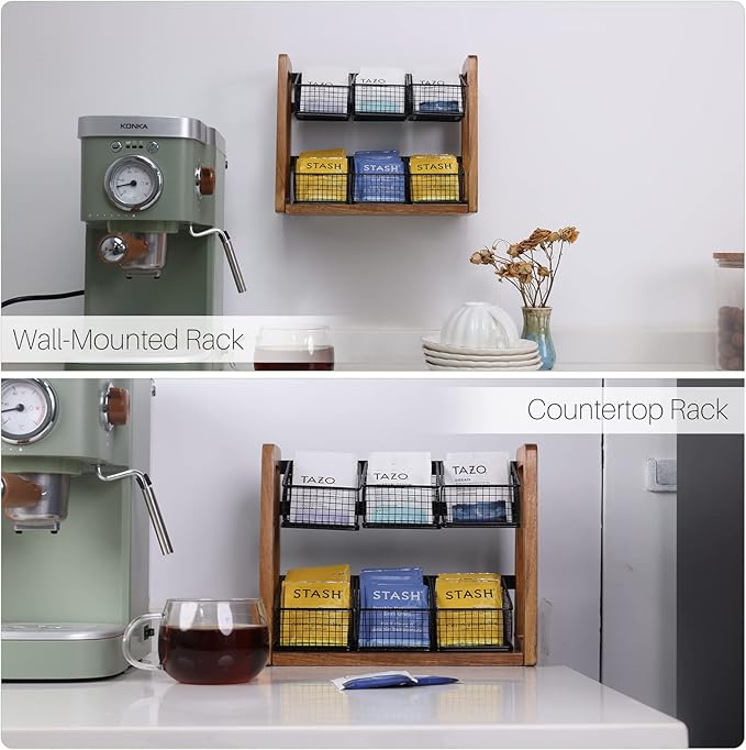 HTB 2 Tier Tea Organizer for Tea Bags, Tea Bag Holder with Acacia Wood Stand and 6 Removable Metal Basket for Sugar Packets, Sweeteners, Creamers for Cabinet, Countertop or Wall-mounted-NeatNest