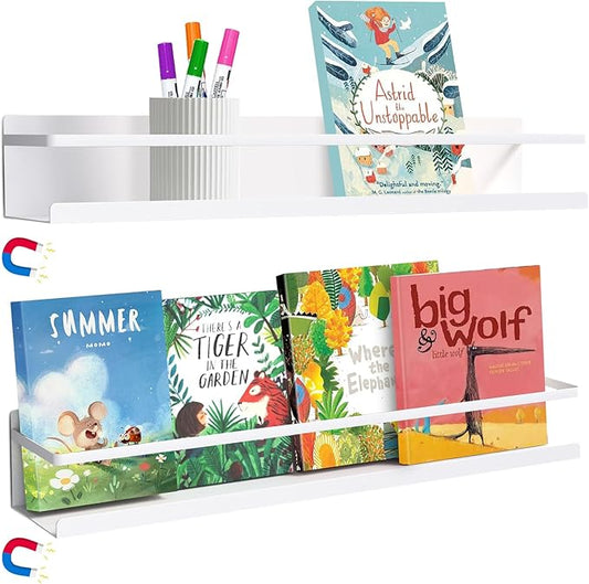 2 Pcs Magnetic Metal Book Shelves, 15.7'' x 2.7'' x 2.7'', Special for Whiteboard, Classroom and Fridge Storage, Holds up to 12 lbs