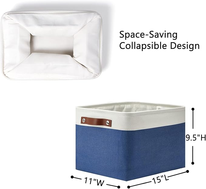 DULLEMELO Fabric Storage Basket for Closets,15x11x9.5 inch Foldable Storage Basket Bin with Handles for Office, Closet,Bedroom (White&Blue,1 Pack)-NeatNest