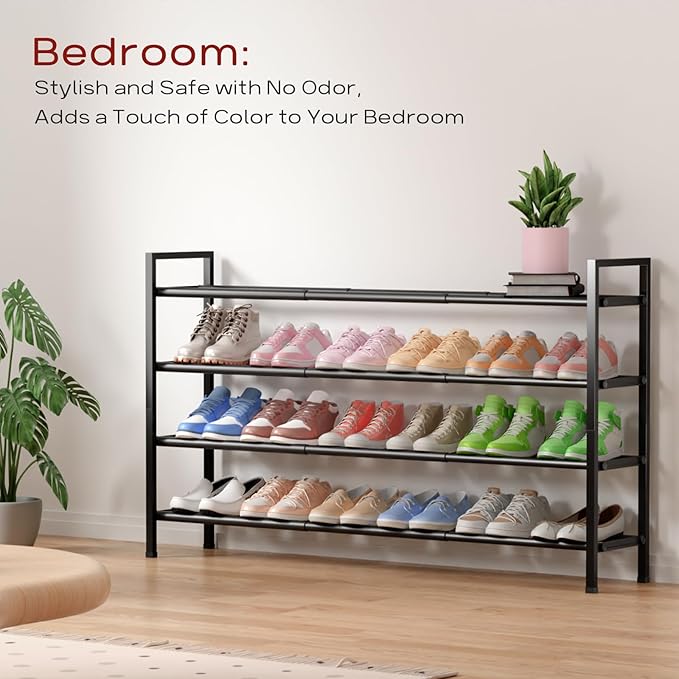 Bumusty 4-Tier Long Expandable Shoe Rack for Closet, 18"-44" Adjustable Shoe Rack for Entryway, 20-24 Pairs Large Shoe Organizer Shelf Storage, Sturdy Metal, Black-NeatNest