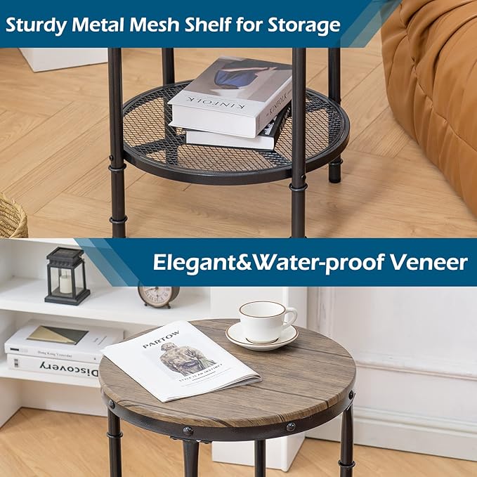 VINGLI 20" Side Table, Round End Tables Living Room, Industrial Small End Table with Metal Mesh, Rustic Farmhouse Side Tables for Bedroom, Office, Corner, Walnut